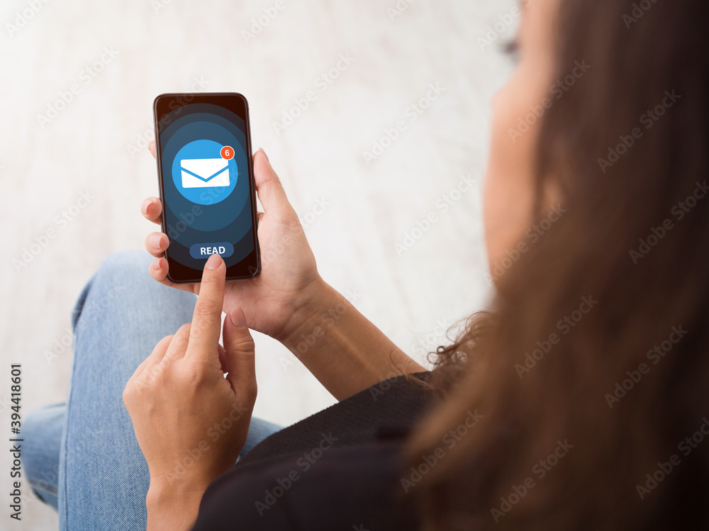 Poster Modern correspondence concept. Unrecognizable lady opening new email messages in her inbox on cellphone, collage