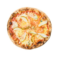Delicious Italian pizza with cheese and pear isolated on white background. Top view