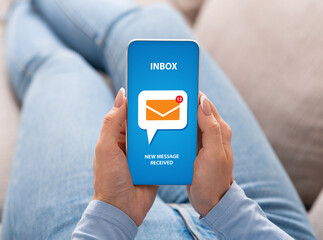 Collage with woman receiving new emails on her smartphone, close up of hands. Modern business technologies concept