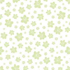 Fototapeta na wymiar Floral seamless pattern, green daffodils, white background. Narcissus flowers, light delicate spring print. Hand drawn vector. Simple design, Easter, wedding, organic, wrapping paper, wallpaper. 