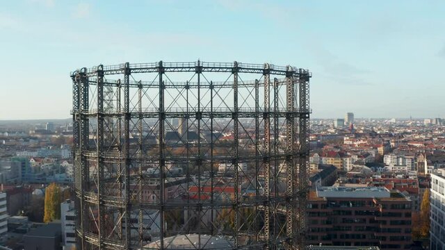 Famous metal structure in Berlin, Germany Gasometer or Gas holder in Schoneberg, Aerial Wide View