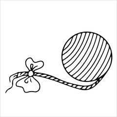 a toy for a cat or dog. ball with a bow. Accessories for pets. An element from the doodles set drawn by hand. Isolated illustration on a white background.