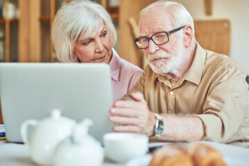 Elderly man in glasses looking at computer screen