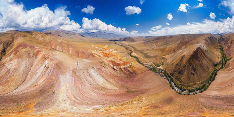 Full 360 equirectangular spherical panorama of eroded landform of Altai mountains. Nature landscape...