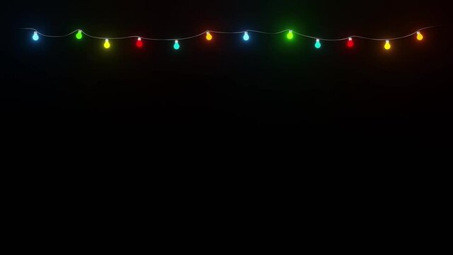 Colorful light string with flashing light bulbs. 3d rendering party, Christmas or new year background animation