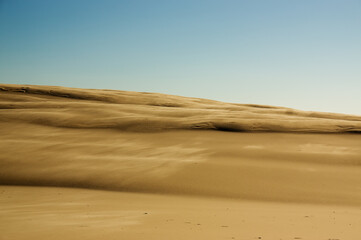 Krajobraz pustynny ruchome wydmy błękitne niebo i  piaski w pięknym świetle zachodzącego słońca	
 - obrazy, fototapety, plakaty