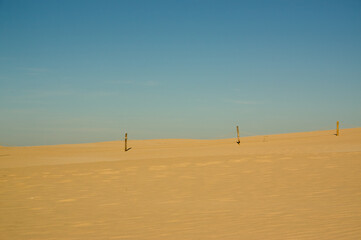 Fototapeta na wymiar Krajobraz pustynny z dwoma drewnianymi słupkami i błękitnym niebem w tle