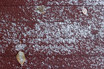 Tree leaf on snowy maroon floor of patio or terrace, natural background top view with copy space,...