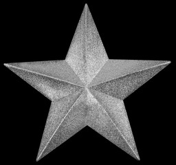 Silver colorChristmas Star isolated on The black Background.Top View Close-Up Silver color Star render..