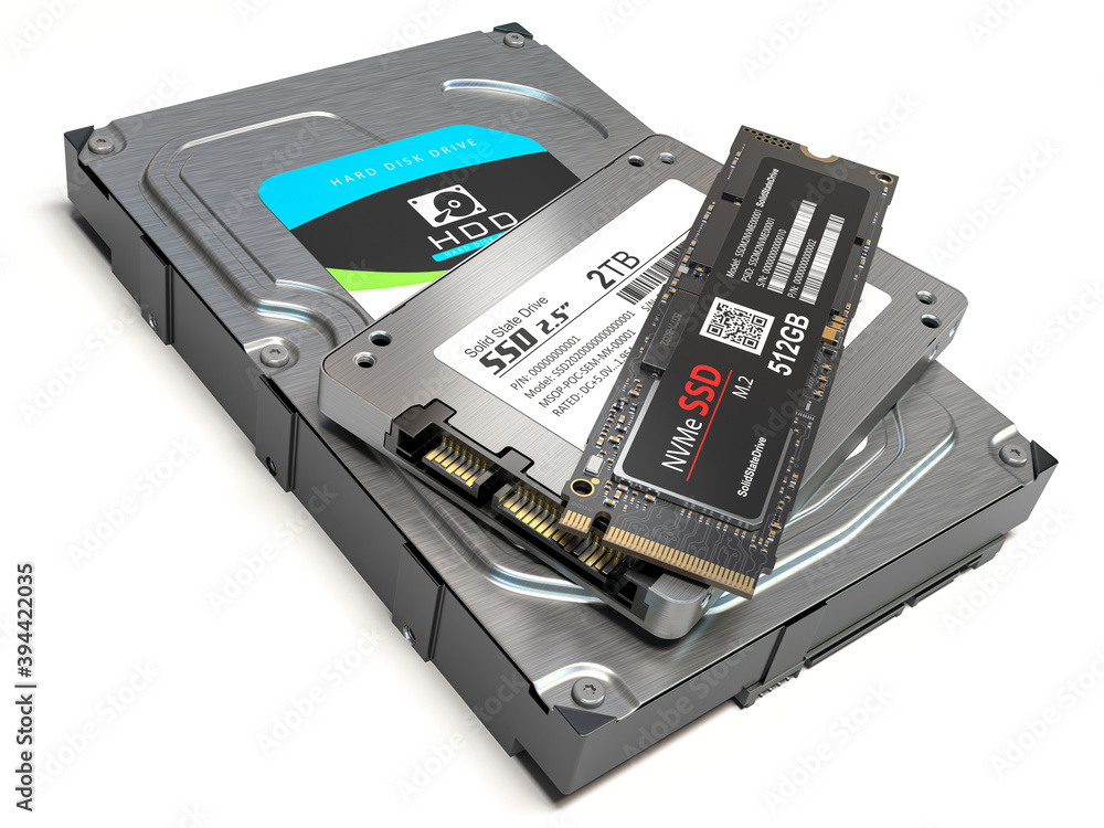 Poster Hard disk drive hdd, solid state drive ssd and ssd m2 . Set of different data storage devices isolated on white.