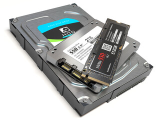 Hard disk drive hdd, solid state drive ssd and ssd m2 . Set of different data storage devices isolated on white.