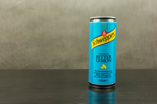 Niedomaice, Poland - March 06, 2018: Carbonated soft drink in a bitter lemon flavor - the Schweppes brand.