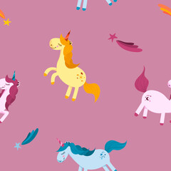 Seamless vector pattern with multicolored unicorns and stars on a colored background. Children's illustration for fabrics, packaging, gifts, clothing. Cute animals.
