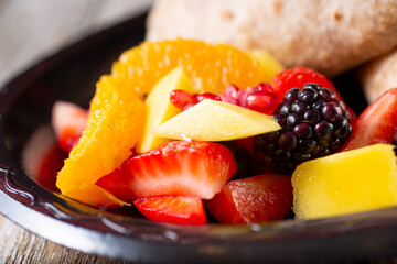 A closeup view of a side fruit salad.