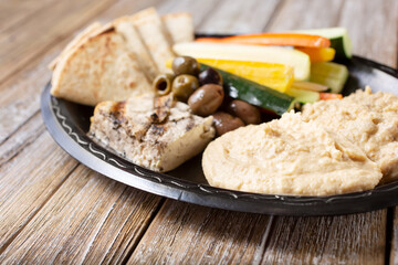 A closeup view of a mezze platter assortment.