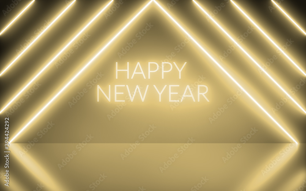 Poster neon background abstract happy new year with light shapes triangular on golden and reflective floor,