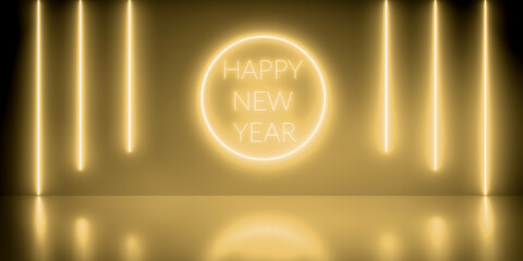 Gold Neon circle and lines happy new year. abstract background, laser show. glowing lines, neon lights, round portal.