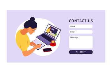 Online learning concept. Online education. Contact us. Teacher at chalkboard, video lesson. Distance study at school. Vector illustration. Flat style.