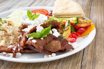 A view of a shawarma plate, also known as a gyros plate.