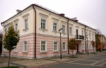 Fototapeta na wymiar Landmark Historical building on Lenin street College of Arts in Pinsk Belarus October 20 2020