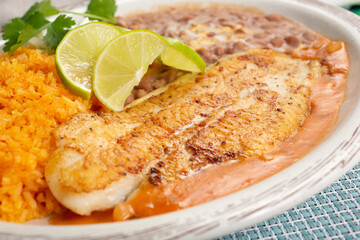 A closeup view of a plate of grilled tilapia filet.