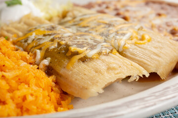 A closeup view of a plate of tamales.
