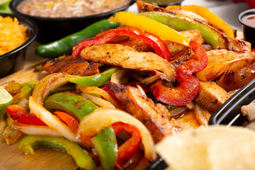 A view of a platter of chicken fajitas, in a restaurant or kitchen setting.
