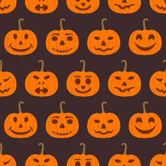Halloween colorful seamless pattern. Seamless background with Jack of the lantern. Mystic pattern with pumpkins on color background.