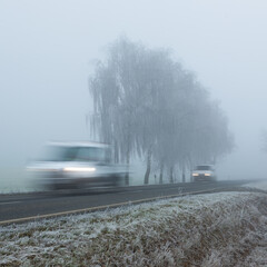 cars driving on foggy winter road