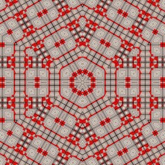 vivid red and white geometric shapes collage collection on black coloured grid transformed into intricate hexagonal fantasy patterns and designs 