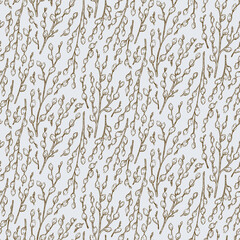 Pussy willow seamless pattern. Graphic doodle hand drawn sketch style. Botanical illustration for packaging, menu cards, posters, prints. 