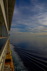 Dream holiday or vacation on luxury cruiseship or cruise ship liner at sea with sunset, sunrise or...