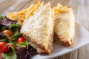 A view of a plate of croque monsieur.