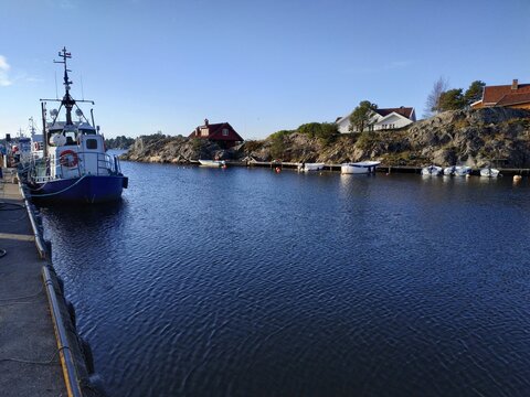 View on landscape near Hollen village bay at summer autumn weather, Norway