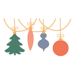 Christmas toys hang on a garland. Vector illustration isolated.