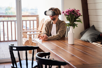 Man having skype or zoom chat with new techologyes