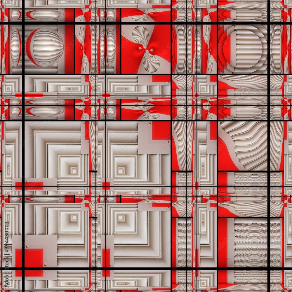 Poster vivid red and white geometric shapes collage collection on black coloured grid transformed into intr