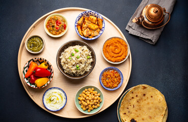 Indian Thali - selection of various dishes served on round wooden platter. Assorted Indian vegetarian meze with boiled basmati rice, paneer, dal, chutney, chapati bread and brass teapot. Top view