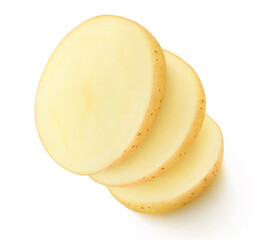 Three slices of raw potato in a row on top of each other isolated on white background
