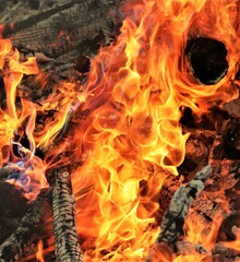Fire - close up of wood burning in with orange, yellow and black