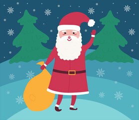 Cute Christmas Sata Claus with gift bag and mitens in winter forest. Christmas trees. Funny hand drawn New year character. Vector illustration.
