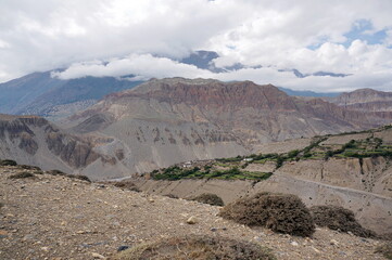 The typical  village of Tangbe (3040 m) in the Himalayan mountains.  Trekking to the closed zone of Upper Mustang. Nepal.