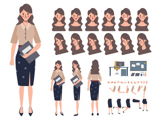 Businesswoman character creation for animation. Animated face emotion and mouth and hair. Set of businesswoman doing job flat design.