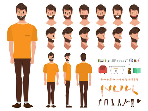 Businessman character creation for animation. Animated face emotion and mouth and hair. Set of businessman doing job flat design.