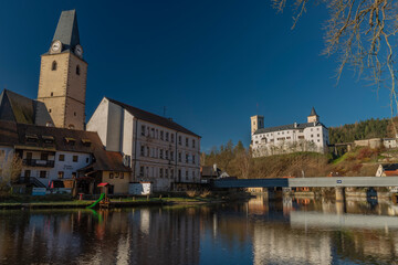 Fototapeta na wymiar Rozmberk nad Vltavou town with old castle over valley of river Vltava