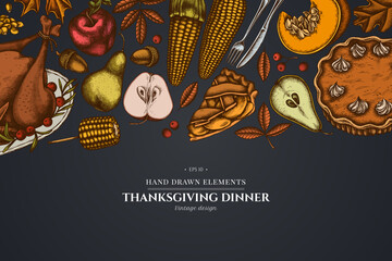 Design on dark background with pumpkin, fork, knife, pears, turkey, pumpkin pie, apple pie, corn, apples, rowan, maple, oak