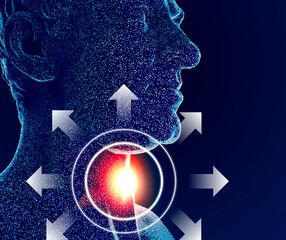 Sore throat, human body, anatomy. Burning in the throat. Painful irritation of the throat that is often aggravated by swallowing. Viral infections, tonsils, flu fever. 3d render