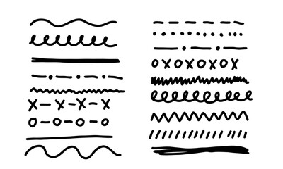 Hand-drawn lines and dividers in various styles. Black-white outline decorative shapes. Set of doodle border lines vector illustration concept