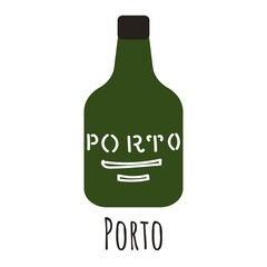 Flat style bottle of port wine, symbol of Porto. Landmark icon for travelers. Vector illustration isolated on white background