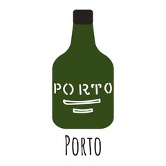 Flat style bottle of port wine, symbol of Porto. Landmark icon for travelers. Vector illustration isolated on white background